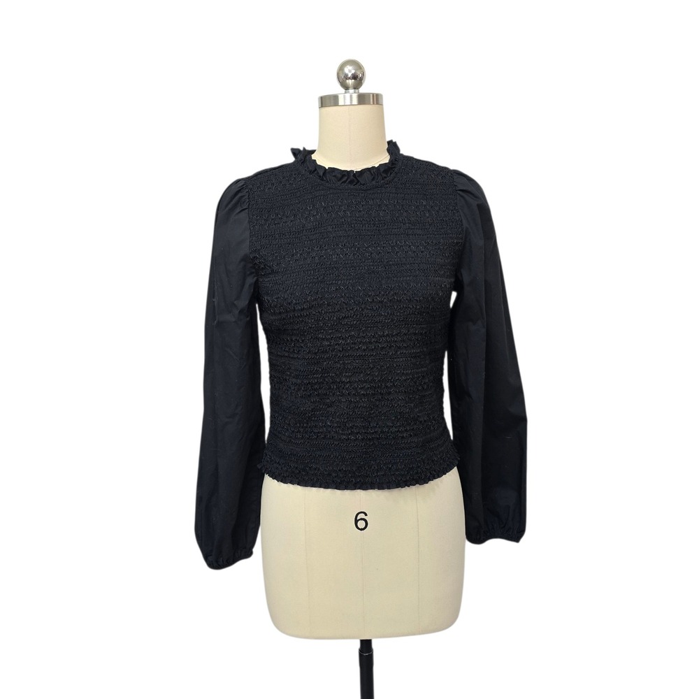 J.Crew Black Organic Cotton Smocked Ruffle Neck Puff Sleeve Top Small BK219